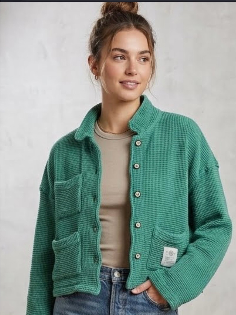 BDG Teal Green Waffle Teddy Button-Front Jacket